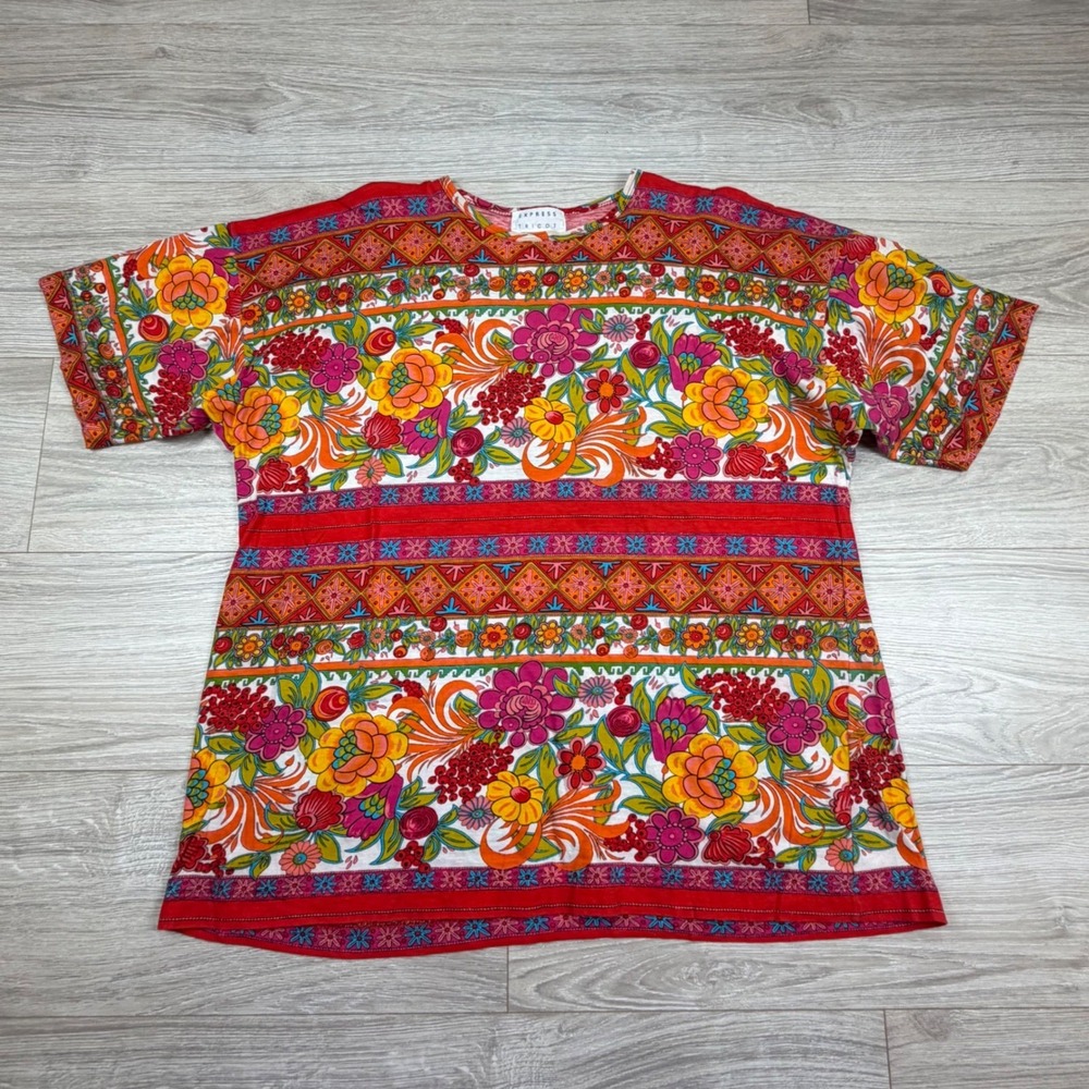 Express Tricot Vintage Italy Floral Border Print Knit Top Red Multi Womens Large